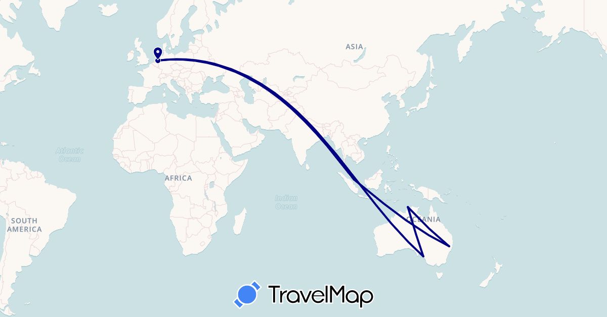 TravelMap itinerary: driving in Australia, Netherlands, Singapore (Asia, Europe, Oceania)